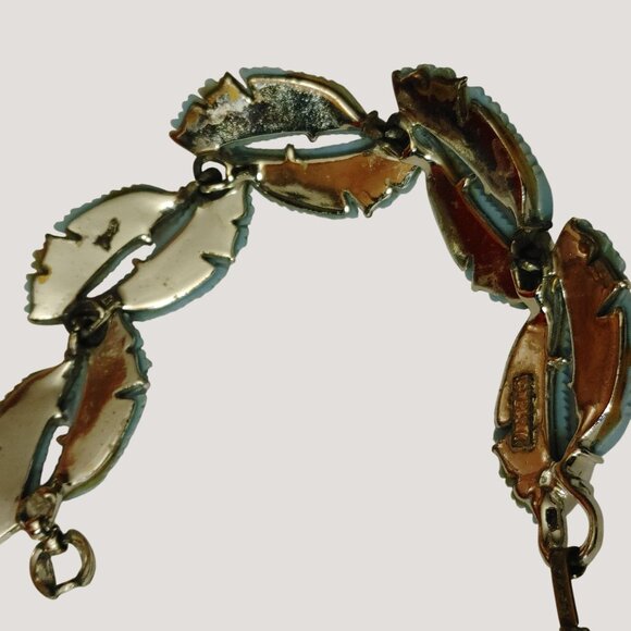 Vintage 1950 BSK Blue Parure Enamel Leaf Link Bracelet Silver Tone Metal 7 Inch - Picture 5 of 8